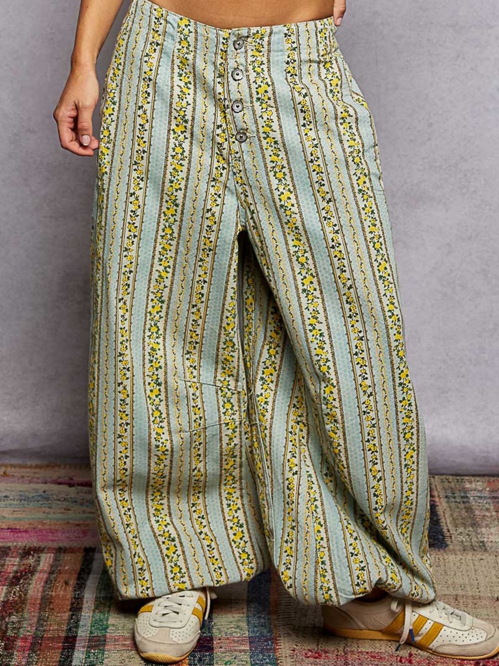 Wide Leg Striped Floral Pants in Sage & Yellow